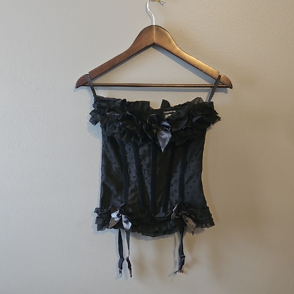 Coquette Black Ruffled Boned Corset Bows Lingerie Valentine Nighty Sexy Size S